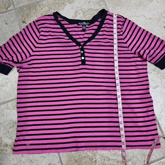 LRL Ralph Lauren 2X Plus Pink Black Striped Cotton Y2K Preppy V-Neck Henley Top - Picture 8 of 8
